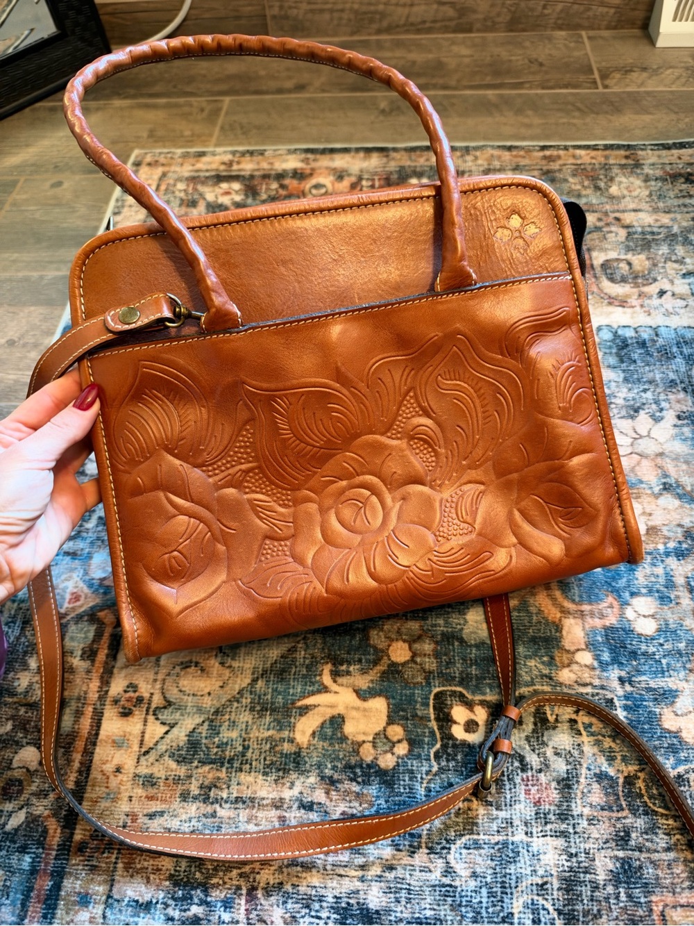 Patricia Nash Cognac Floral Embossed Leather Crossbody Satchel